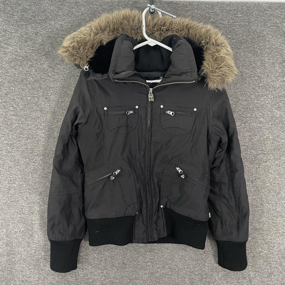 Tna St. Moritz Bomber Jacket Womens S Black Faux Fur Hooded Scuba Aritzia